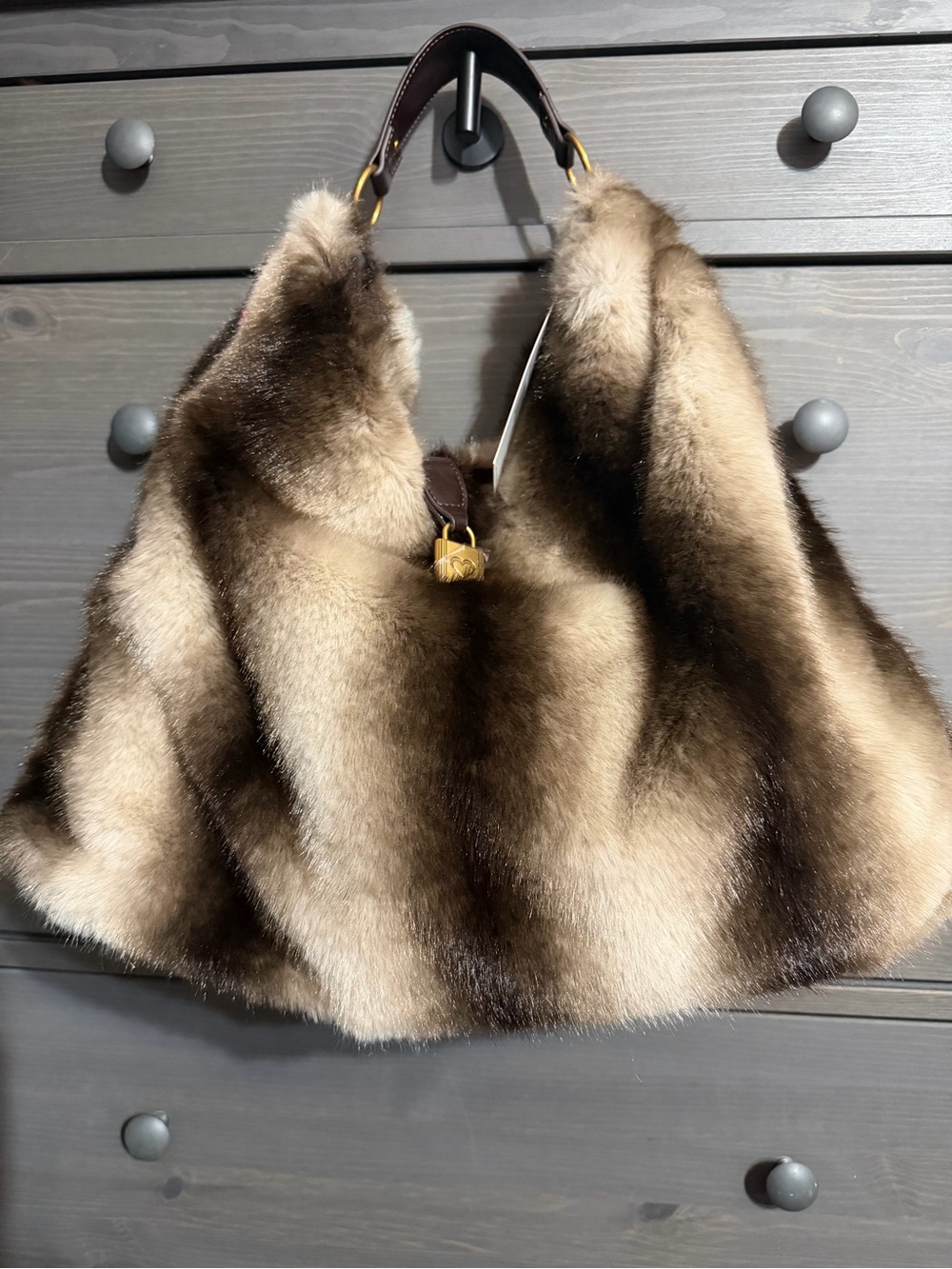 Betsey Johnson Brown Fur Shoulder Bag with Dark Brown Handle